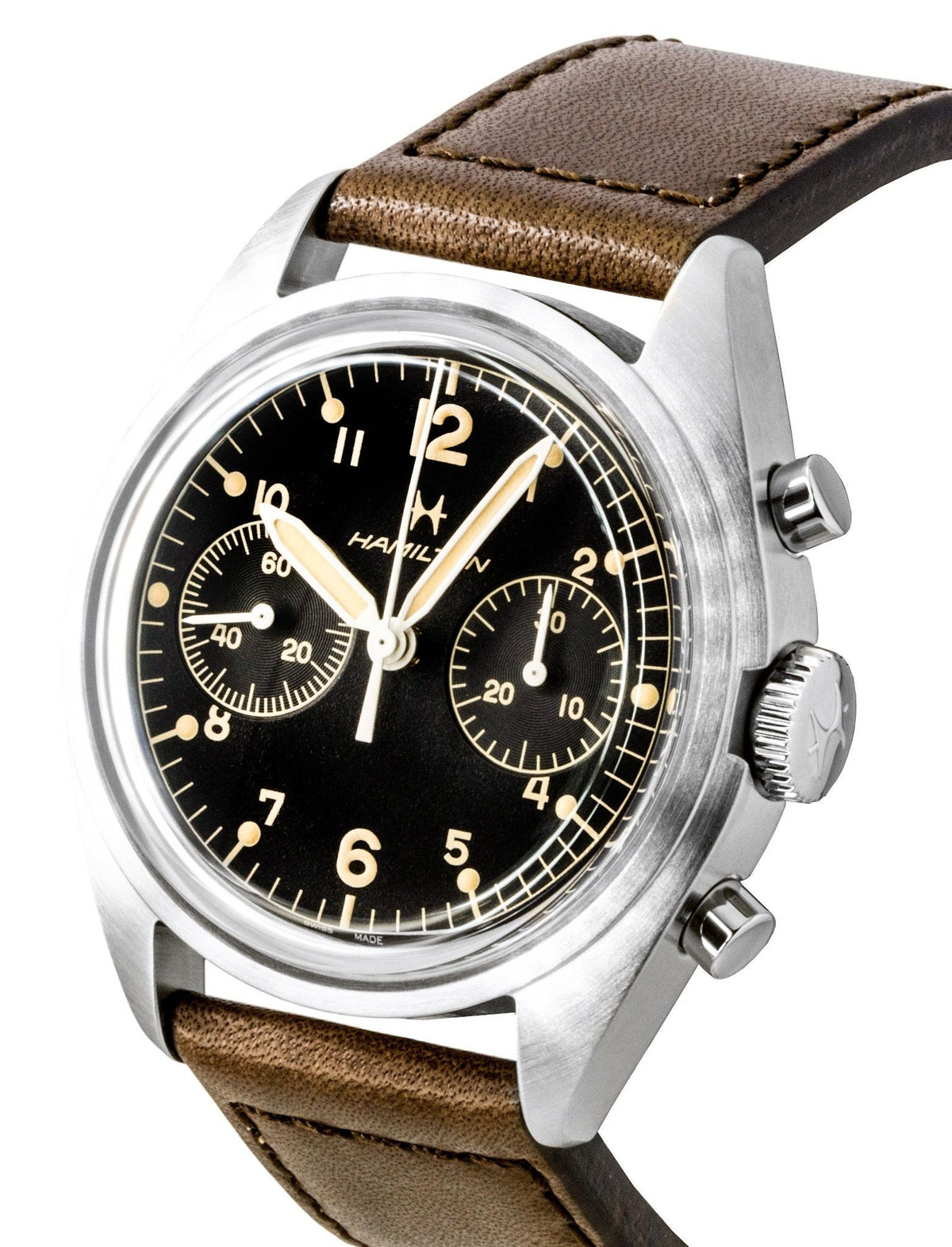 Hamilton Khaki Aviation Pilot Pioneer Chronograph Leather Strap Black Dial Mechanical H76409530 100M Men's Watch