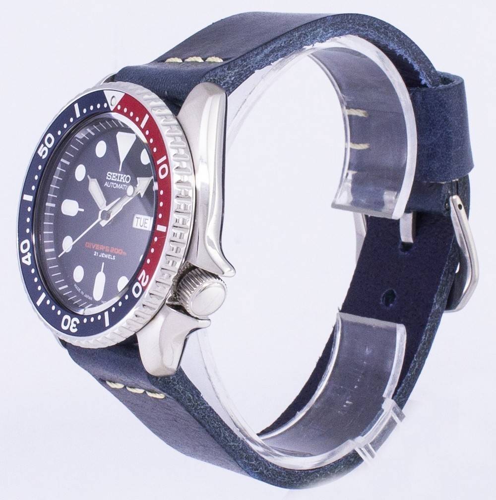 Seiko Automatic SKX009J1-var-LS15 Diver's 200M Dark Blue Leather Strap Men's Watch