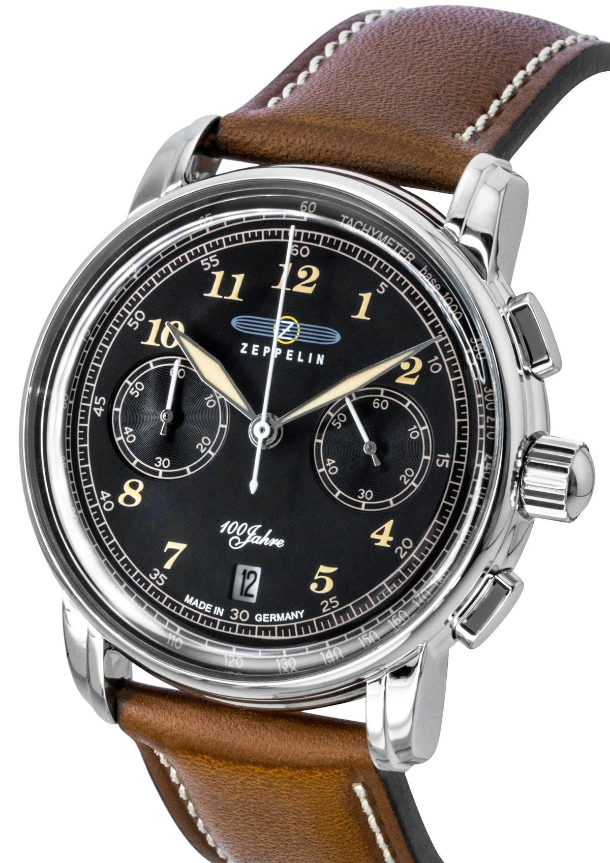 Zeppelin 100 Jahre Chronograph Leather Strap Black Dial Quartz 76743 Men's Watch