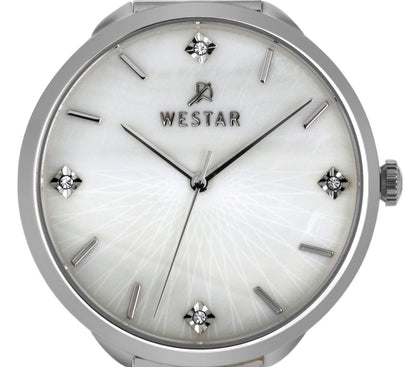 Westar Zing Crystal Accents Stainless Steel Mesh White Mother Of Pearl Dial Quartz 00128STN11 Women's Watch