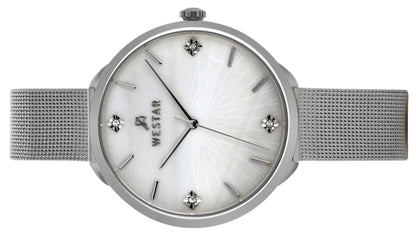 Westar Zing Crystal Accents Stainless Steel Mesh White Mother Of Pearl Dial Quartz 00128STN11 Women's Watch