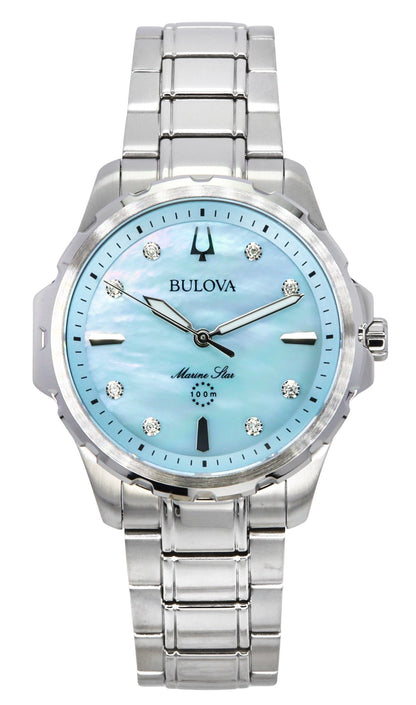 Bulova Marine Star Diamond Accents Stainless Steel Blue Mother Of Pearl Dial Quartz 96P248 100 Women's Watch