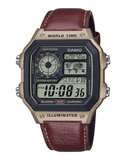 Casio Standard Digital World Time Leather Strap Quartz AE-1200WHL-5AV 100M Men's Watch