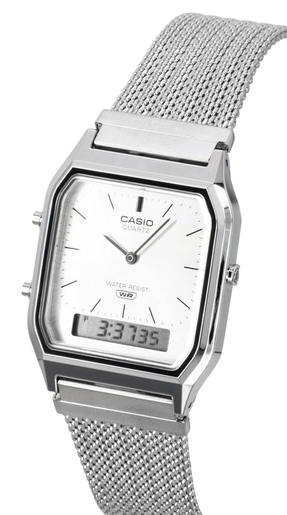 Casio Vintage Analog Digital Stainless Steel Mesh Bracelet Silver Dial Quartz AQ-230EM-7A Unisex Watch