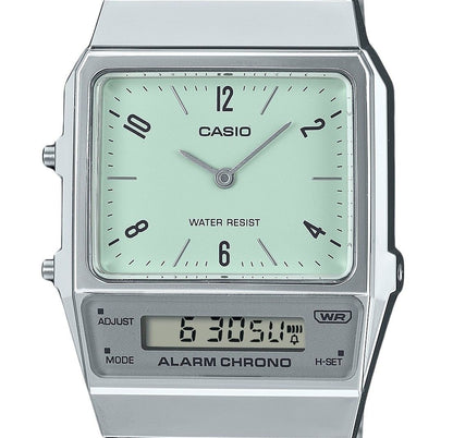 Casio Vintage Analog Digital Dual Time Stainless Steel Bracelet Green Dial Quartz AQ-800E-3A Unisex Watch