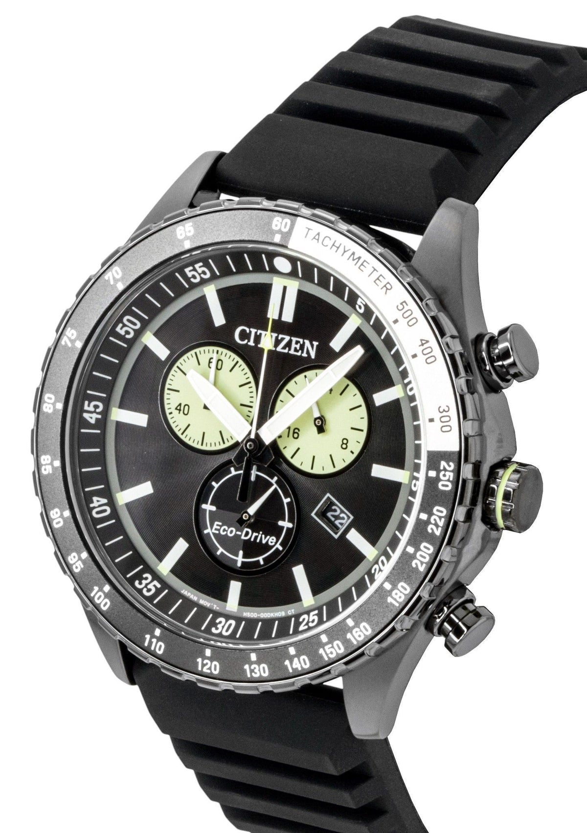 Citizen Eco-Drive Chronograph Silicone Strap Black Dial Solar AT2565-05E 100M Men's Watch