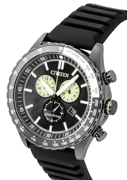 Citizen Eco-Drive Chronograph Silicone Strap Black Dial Solar AT2565-05E 100M Men's Watch