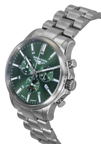 Bauhaus Aviation Chronograph Titanium Green Dial Quartz 2880M4 100M Men's Watch