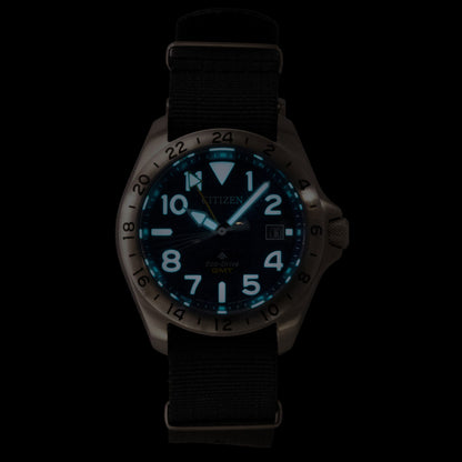 Citizen Promaster Land GMT Analog Grey Nylon Strap Navy Blue Dial Eco-Drive Diver's BJ7150-09L 200M Men's Watch