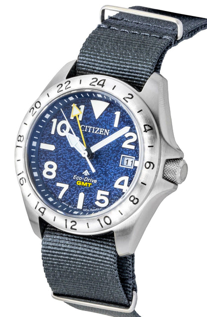 Citizen Promaster Land GMT Analog Grey Nylon Strap Navy Blue Dial Eco-Drive Diver's BJ7150-09L 200M Men's Watch