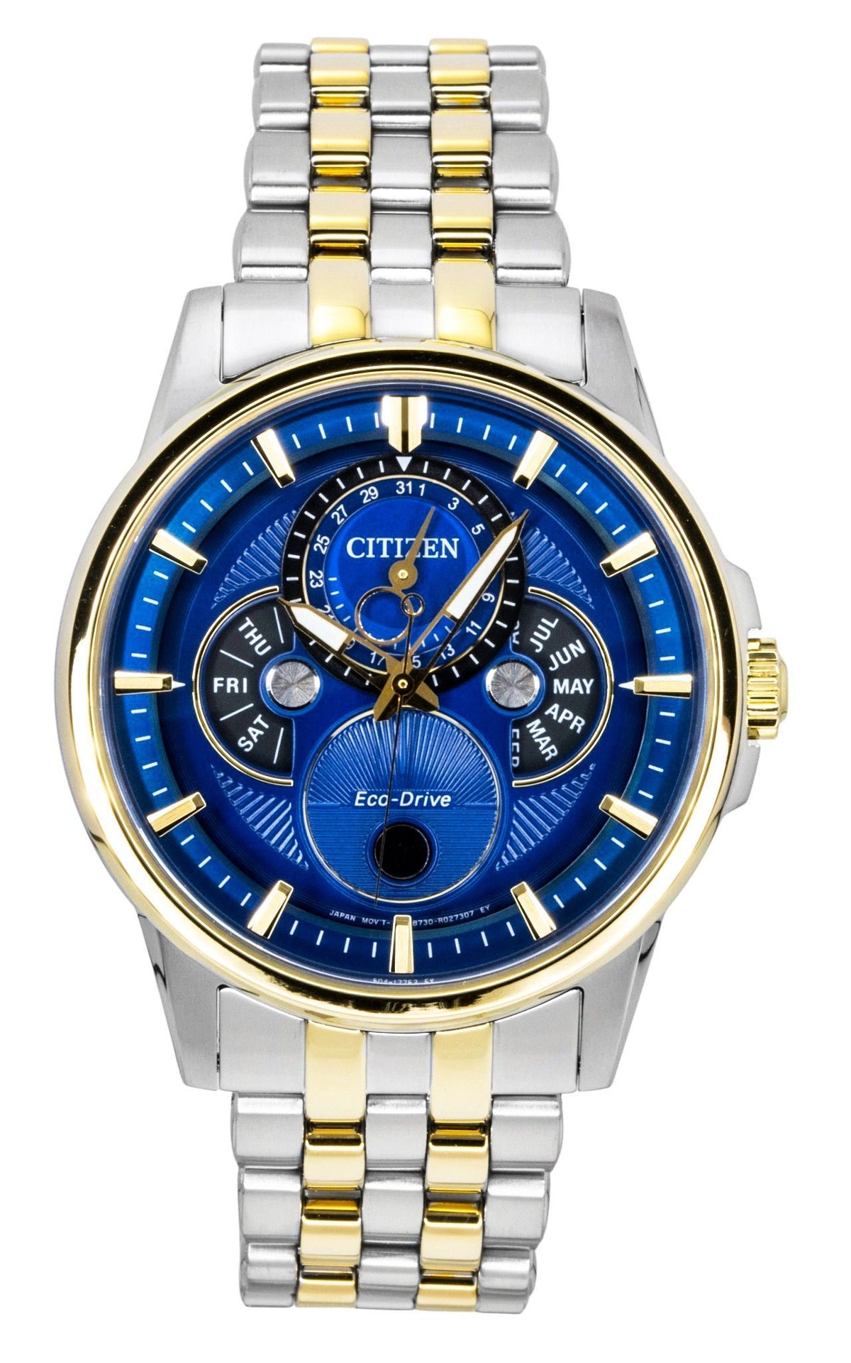Citizen Calendrier Moonphase Two Tone Stainless Steel Blue Dial Eco-Drive BU0054-52L 100M Men's Watch