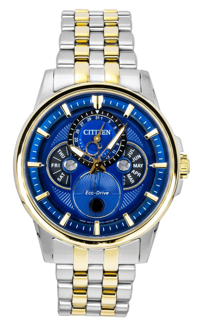 Citizen Calendrier Moonphase Two Tone Stainless Steel Blue Dial Eco-Drive BU0054-52L 100M Men's Watch