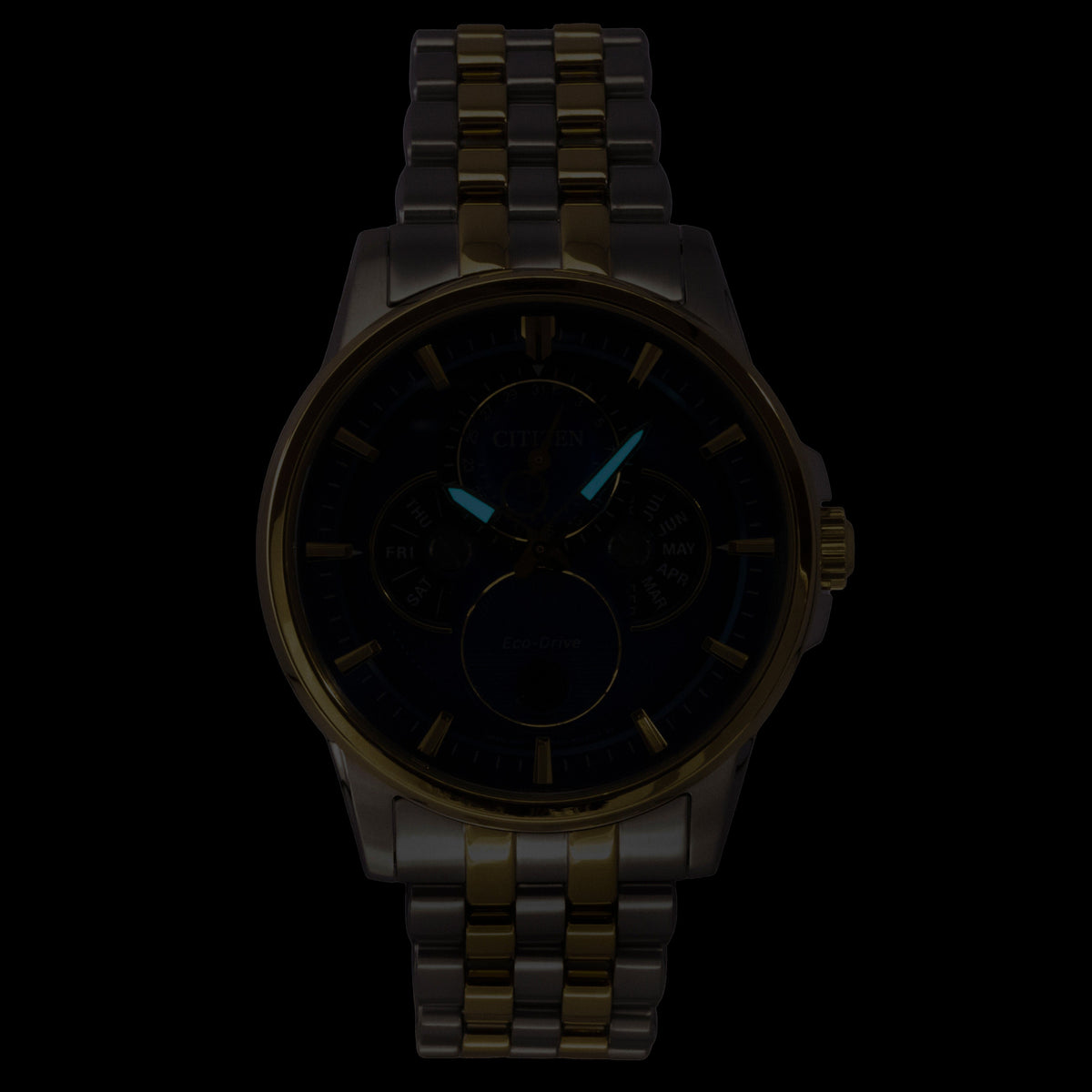 Citizen Calendrier Moonphase Two Tone Stainless Steel Blue Dial Eco-Drive BU0054-52L 100M Men's Watch