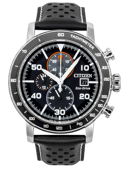 Citizen Brycen Chronograph Leather Strap Black Dial Eco-Drive CA0649-14E 100M Men's Watch