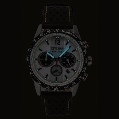 Citizen Eco-Drive Chronograph Analog Brown Leather Strap White Dial Solar CA4714-04A 100M Men's Watch