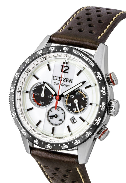 Citizen Eco-Drive Chronograph Analog Brown Leather Strap White Dial Solar CA4714-04A 100M Men's Watch
