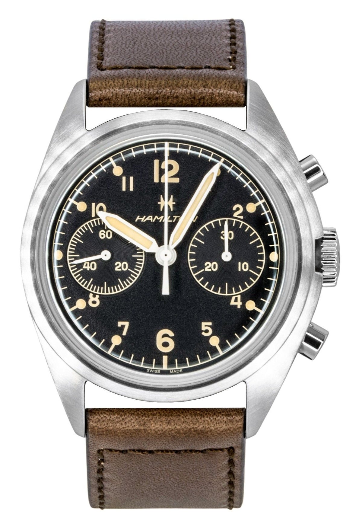 Hamilton Khaki Aviation Pilot Pioneer Chronograph Leather Strap Black Dial Mechanical H76409530 100M Men's Watch