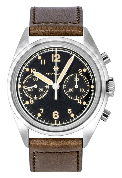 Hamilton Khaki Aviation Pilot Pioneer Chronograph Leather Strap Black Dial Mechanical H76409530 100M Men's Watch