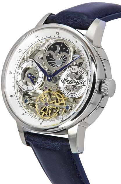 Ingersoll The Jazz Sun and Moon Phase Leather Strap Skeleton Silver Dial Automatic I07702 Men's Watch
