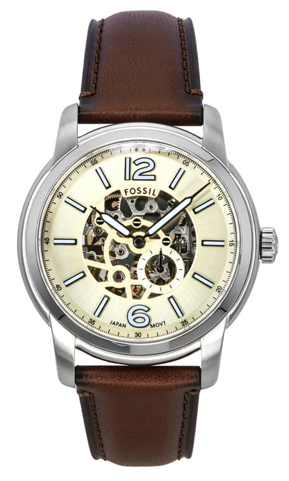 Fossil Heritage Brown Leather Strap Cream Skeleton Dial Automatic ME3264 Men's Watch