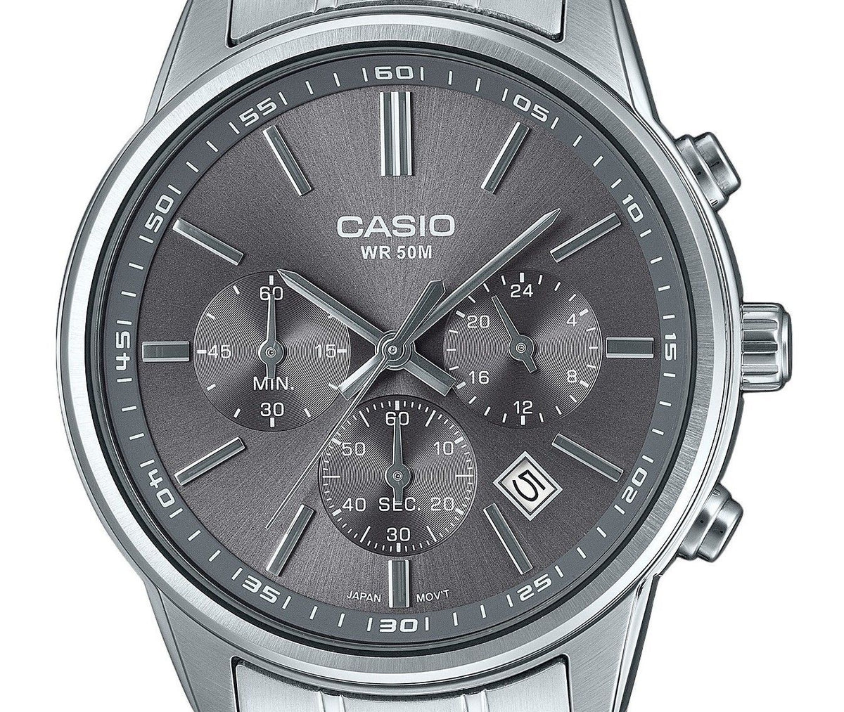 Casio Standard Analog Chronograph Stainless Steel Grey Dial Quartz MTP-E515D-8AV Men's Watch