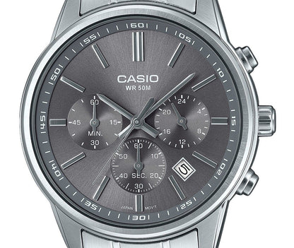 Casio Standard Analog Chronograph Stainless Steel Grey Dial Quartz MTP-E515D-8AV Men's Watch