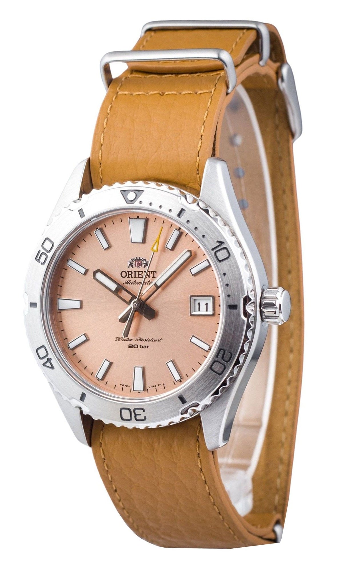Orient Sports Leather Strap Apricot Dial Automatic Diver's RA-AC0Q05P10B RA-AC0Q05P30B 200M Men's Watch