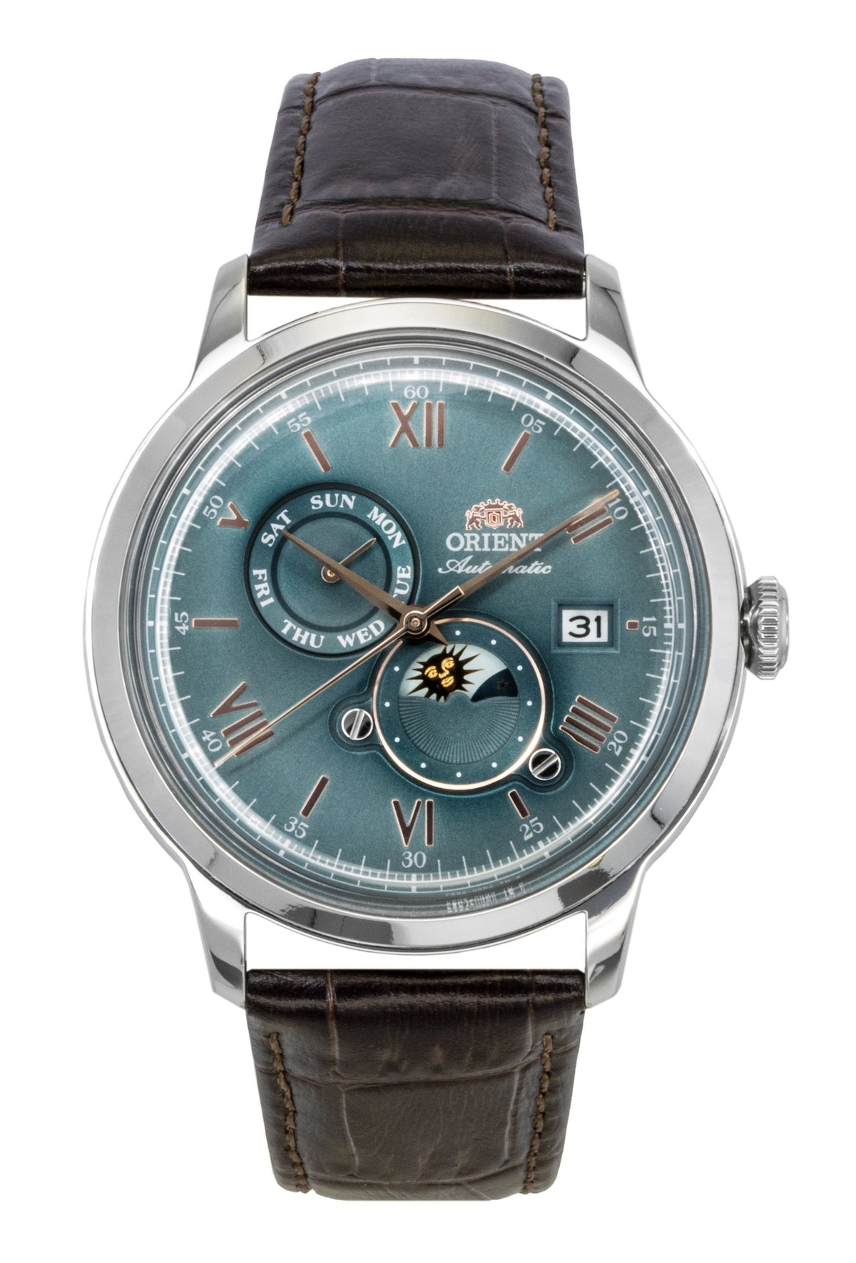 Orient Classic Sun and Moon Leather Strap Green Dial Automatic RA-AK0805E Men's Watch