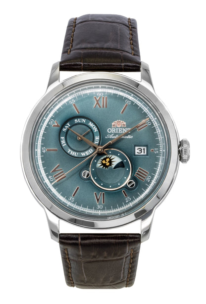 Orient Classic Sun and Moon Leather Strap Green Dial Automatic RA-AK0805E Men's Watch