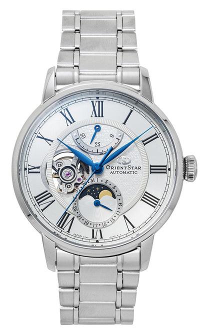 Orient Star M45 F7 Mechanical Moon Phase Stainless Steel White Open Heart Dial Automatic RE-BT0005S Men's Watch