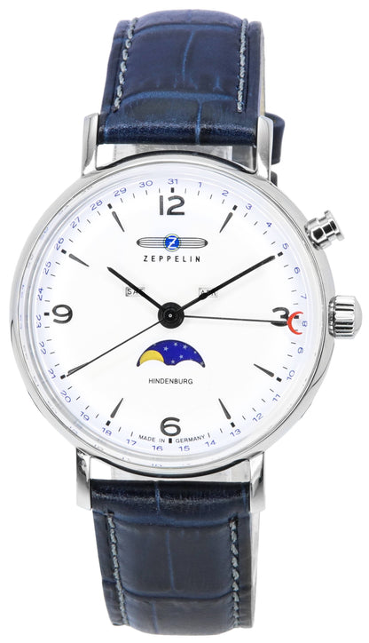 Refurbished Zeppelin LZ 129 Hindenburg Leather Strap Moon Phase White Dial Quartz 80761 Men's Watch