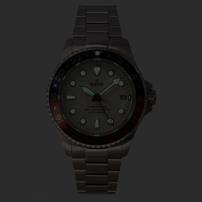 Ratio FreeDiver GMT Series Sapphire Stainless Steel White Dial Blue Red Pepsi Bezel Automatic RTF061 200M Men's Watch