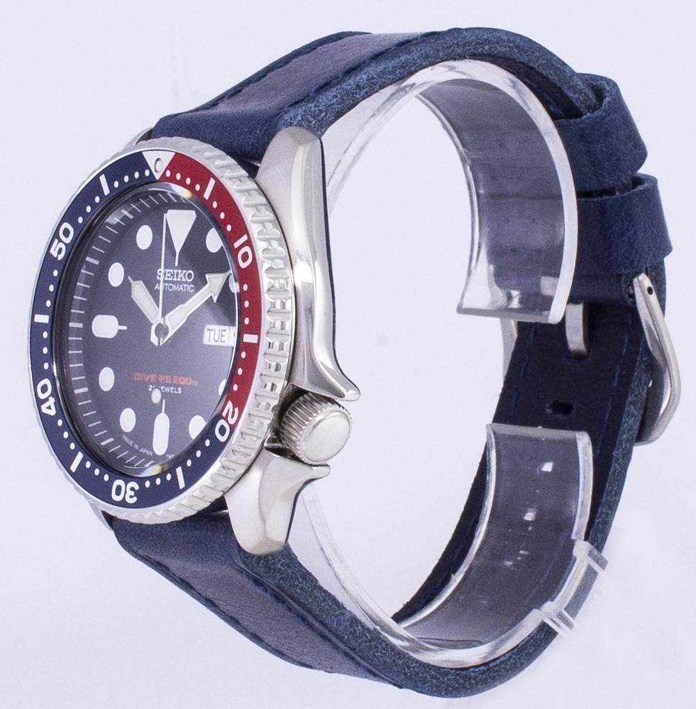 Seiko Automatic SKX009J1-var-LS13 Diver's 200M Dark Blue Leather Strap Men's Watch
