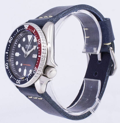 Seiko Automatic SKX009K1-var-LS15 Diver's 200M Dark Blue Leather Strap Men's Watch
