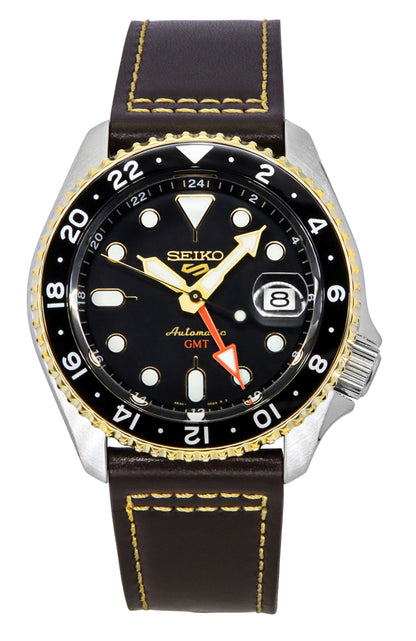 Seiko 5 Sports SKX GMT Leather Strap Black Dial Automatic SSK036K1 100M Men's Watch