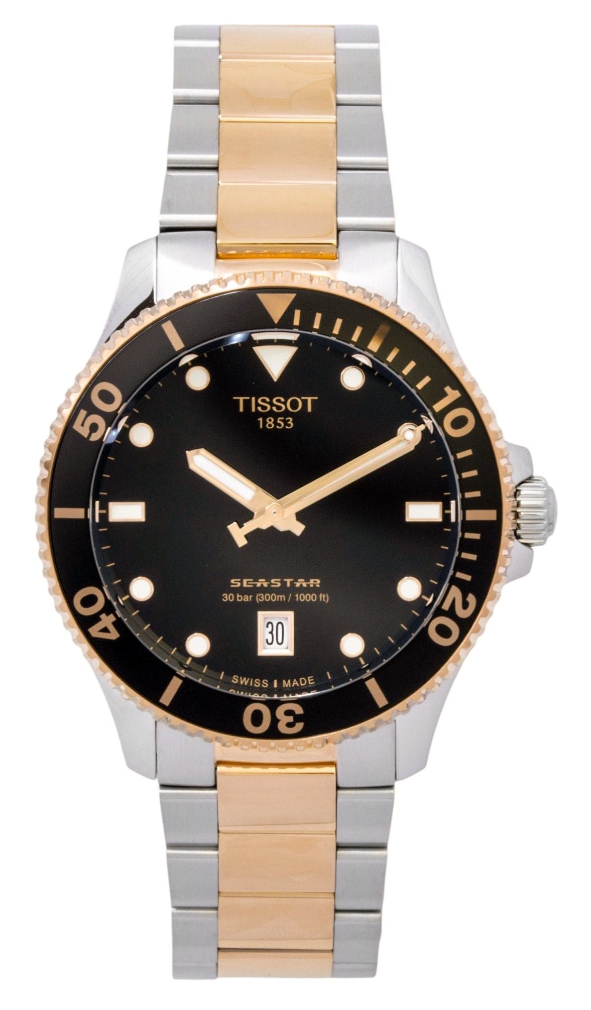 Tissot SeaStar 1000 Two Tone Stainless Steel Black Dial Quartz Diver's T120.410.22.051.01 300M Men's Watch
