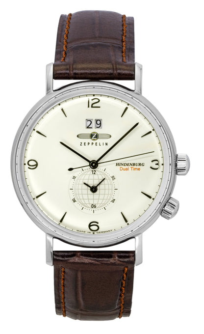 Zeppelin Hindenburg Brown Leather Strap Beige Dial Quartz 80445 Men's Watch