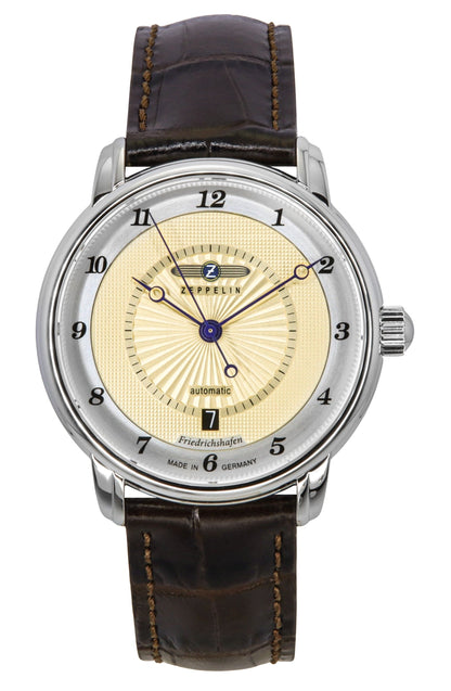 Zeppelin Friedrichshafen Leather Strap Gold Tone Dial Automatic 85565 Men's Watch