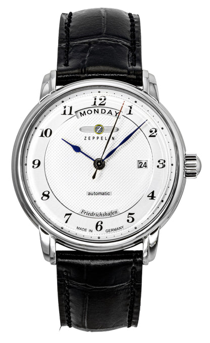 Zeppelin Friedrichshafen Black Leather Strap Silver Dial Automatic 85624 Men's Watch