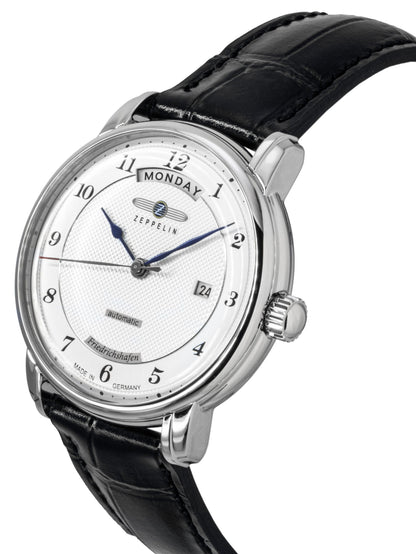 Zeppelin Friedrichshafen Black Leather Strap Silver Dial Automatic 85624 Men's Watch