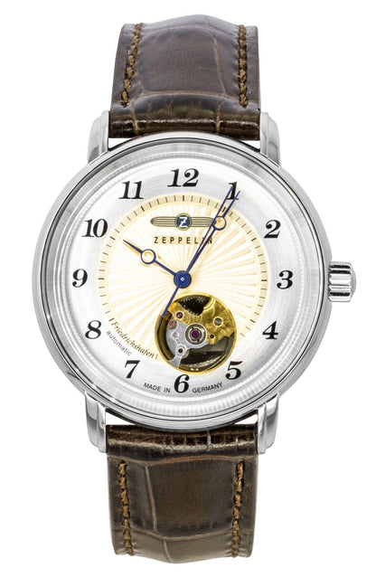 Zeppelin Friedrichshafen Leather Strap Open Heart Gold Dial Automatic 85675 Women's Watch