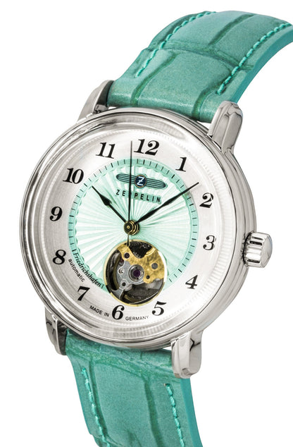 Zeppelin Friedrichshafen Leather Strap Open Heart Turquoise Dial Automatic 85694 Women's Watch