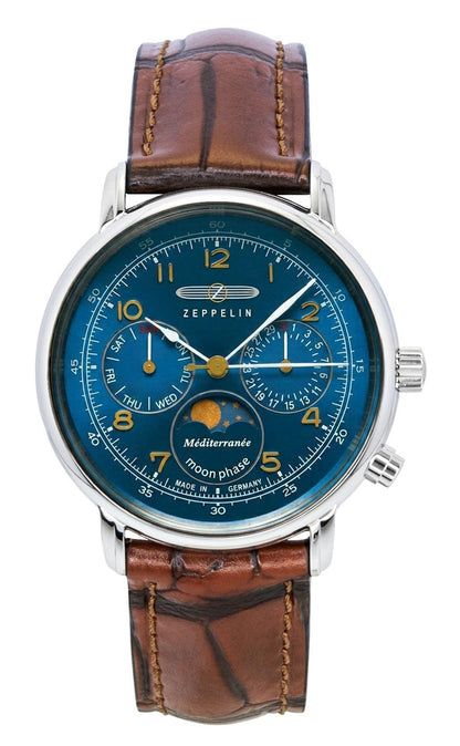 Zeppelin 100 Jahre Mediterranee Moonphase Leather Strap Blue DIal Quartz 96373 Men's Watch