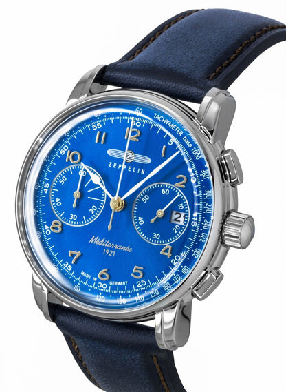 Zeppelin Mediterranee Chronograph Leather Strap Blue Dial Quartz 96703 Men's Watch
